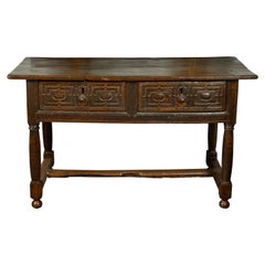 Spanish 1800s Wooden Console Table with Two Drawers and Carved Geometric Motifs