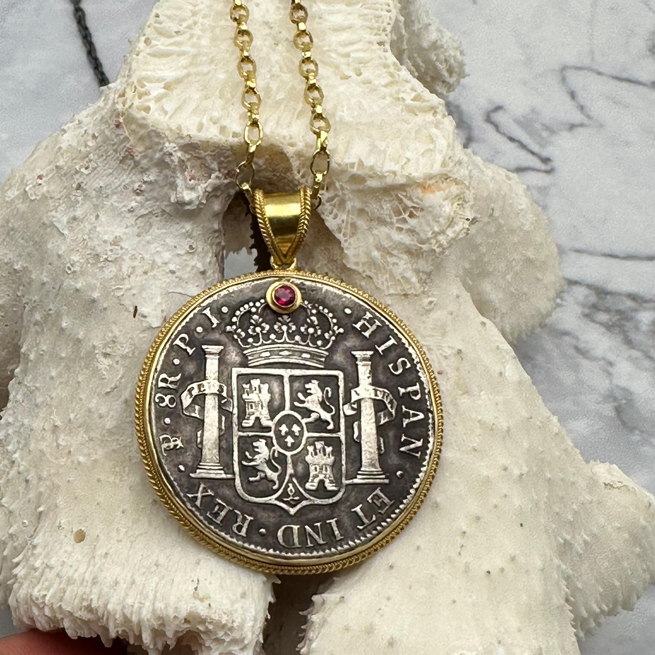 Contemporary Spanish 1819 Eight Reales Silver Coin Ruby 18k Gold Pendant