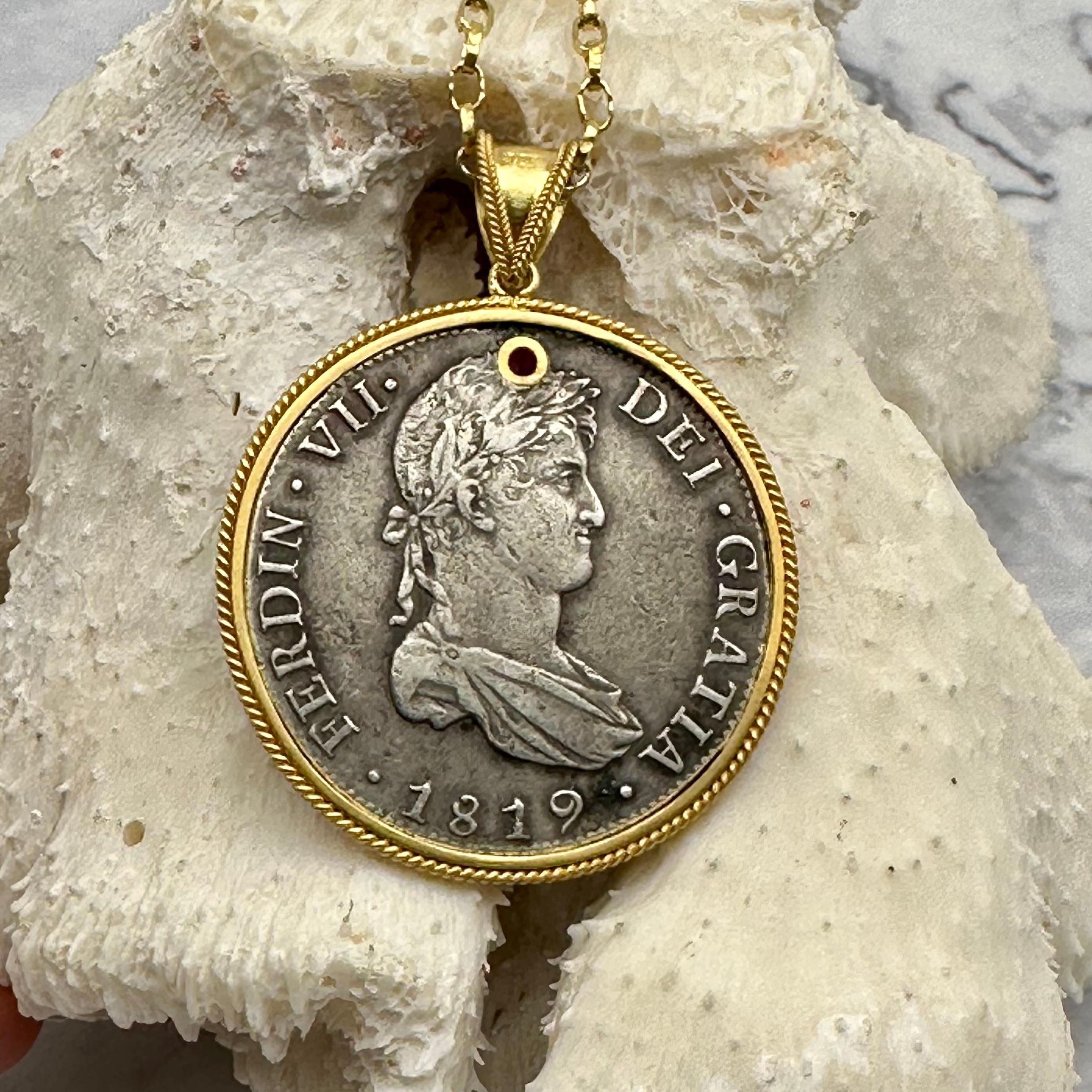 Rose Cut Spanish 1819 Eight Reales Silver Coin Ruby 18k Gold Pendant