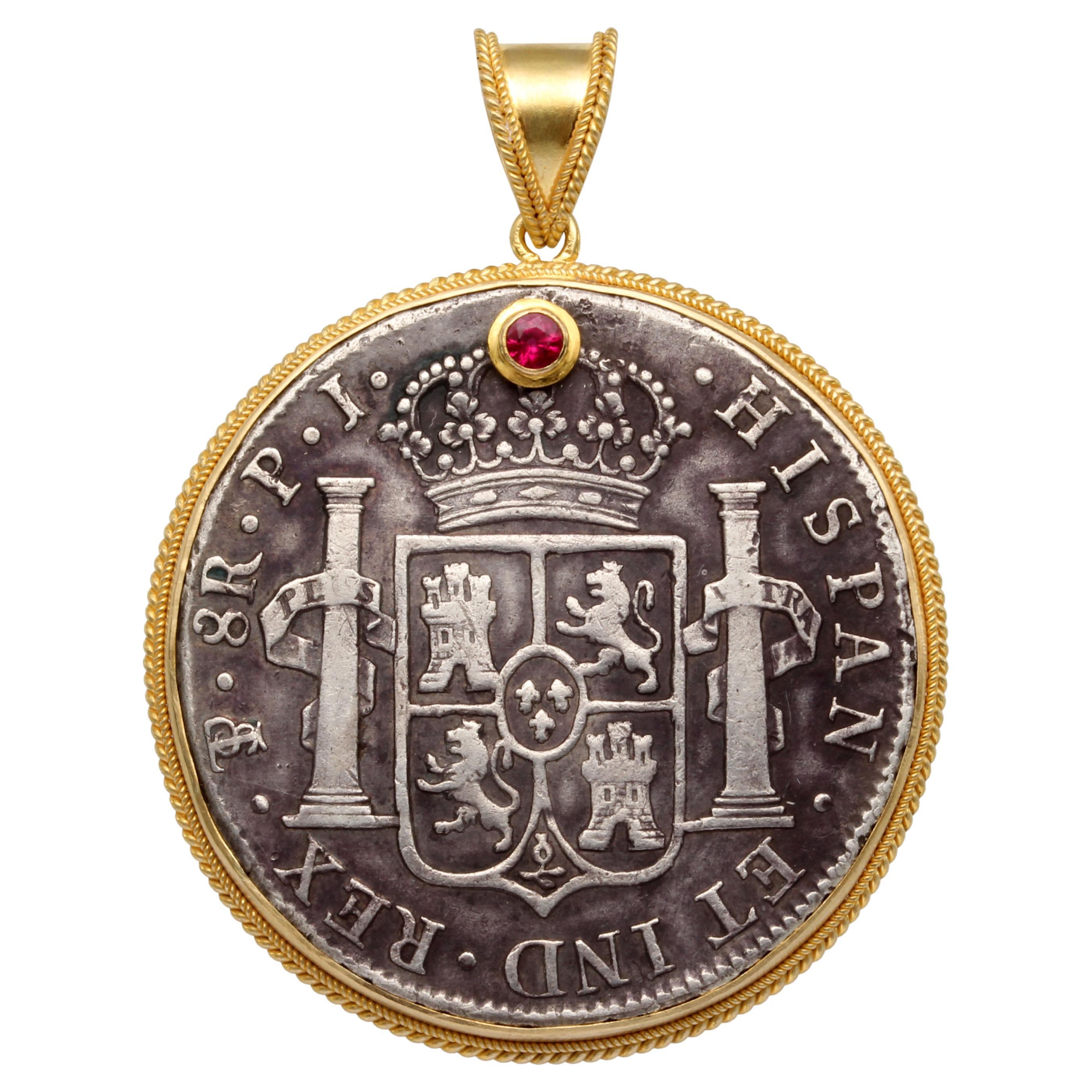 Spanish 1819 Eight Reales Silver Coin Ruby 18k Gold Pendant