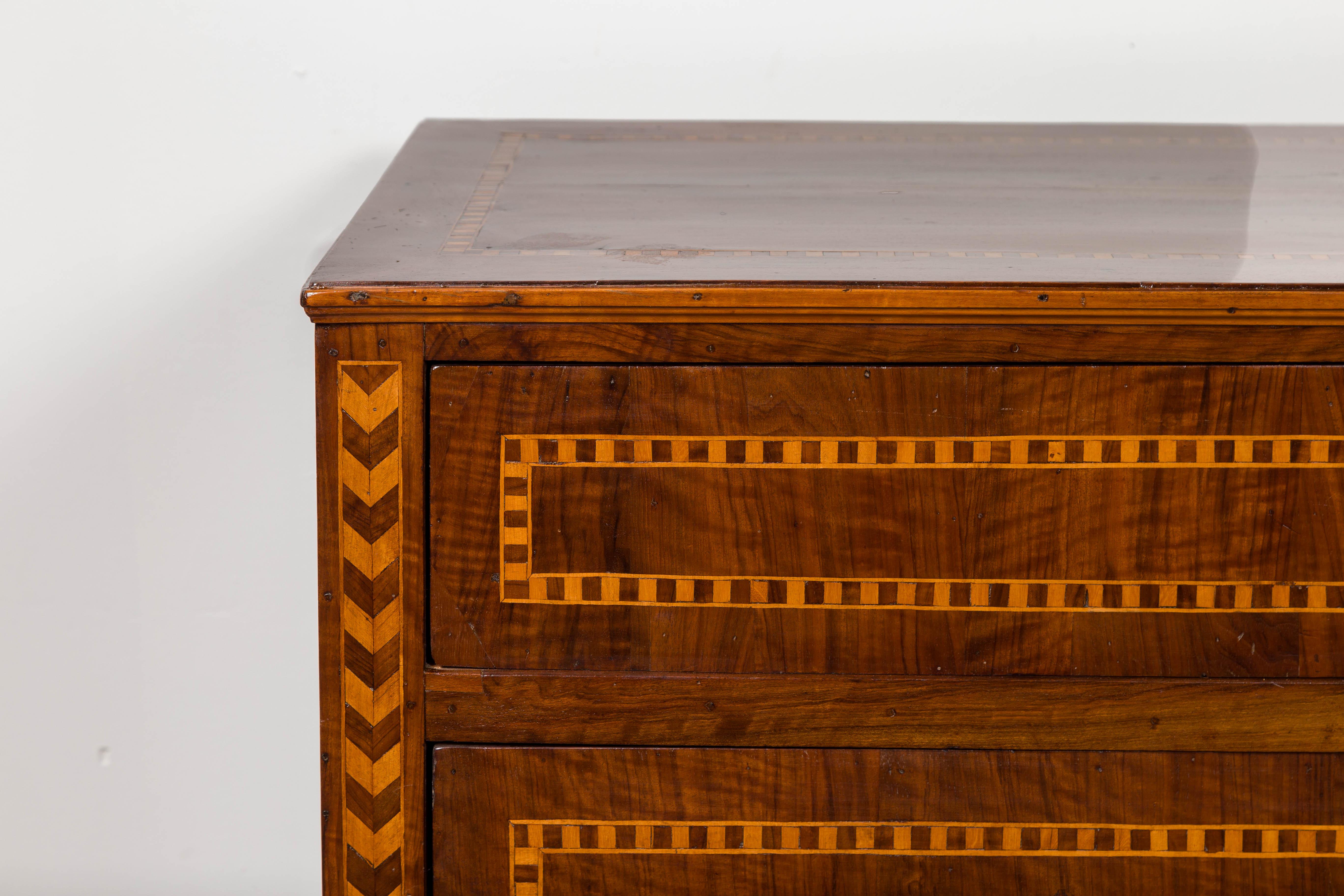 Spanish 1840s Walnut Four-Drawer Commode with Inlaid Geometric Banding 1
