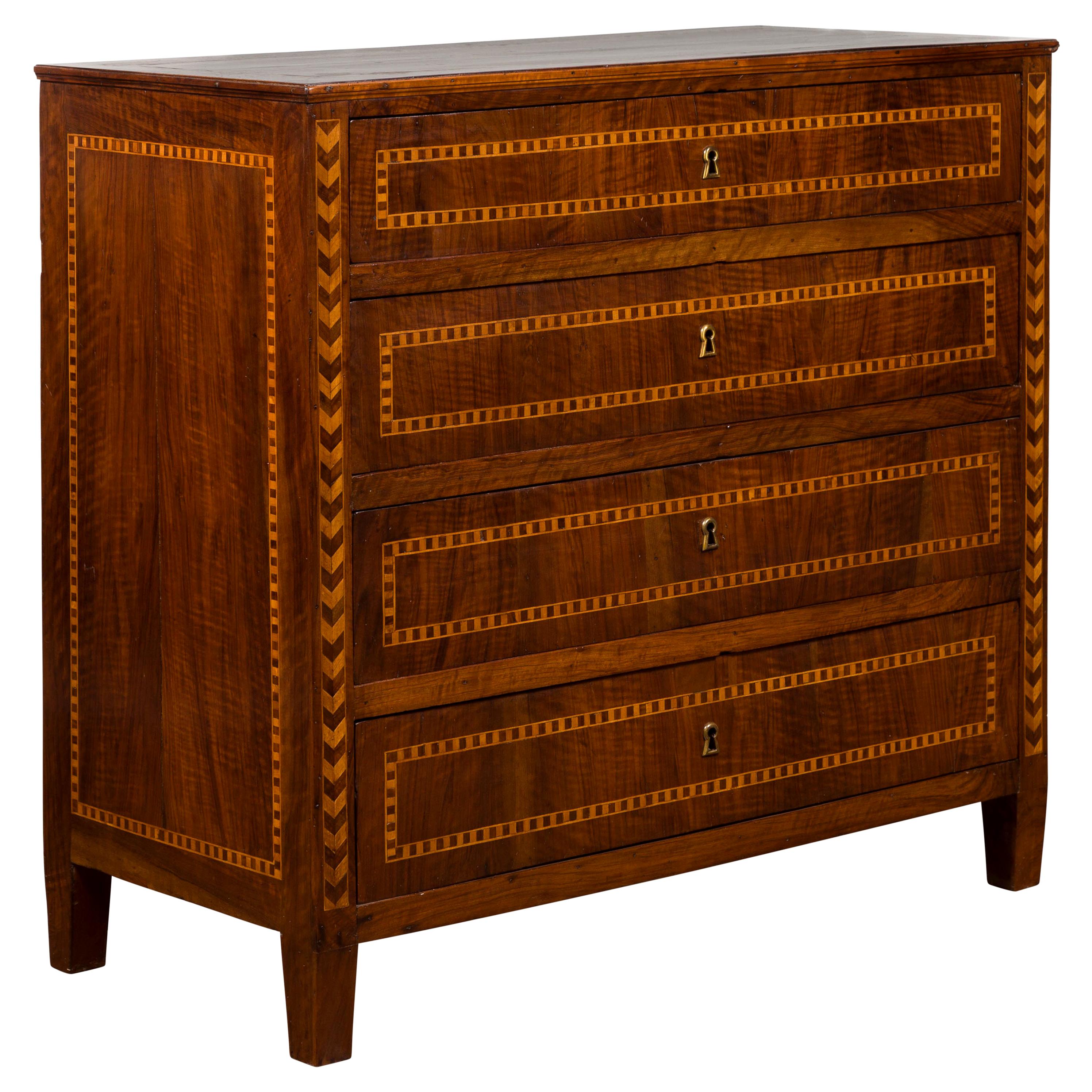 Spanish 1840s Walnut Four-Drawer Commode with Inlaid Geometric Banding