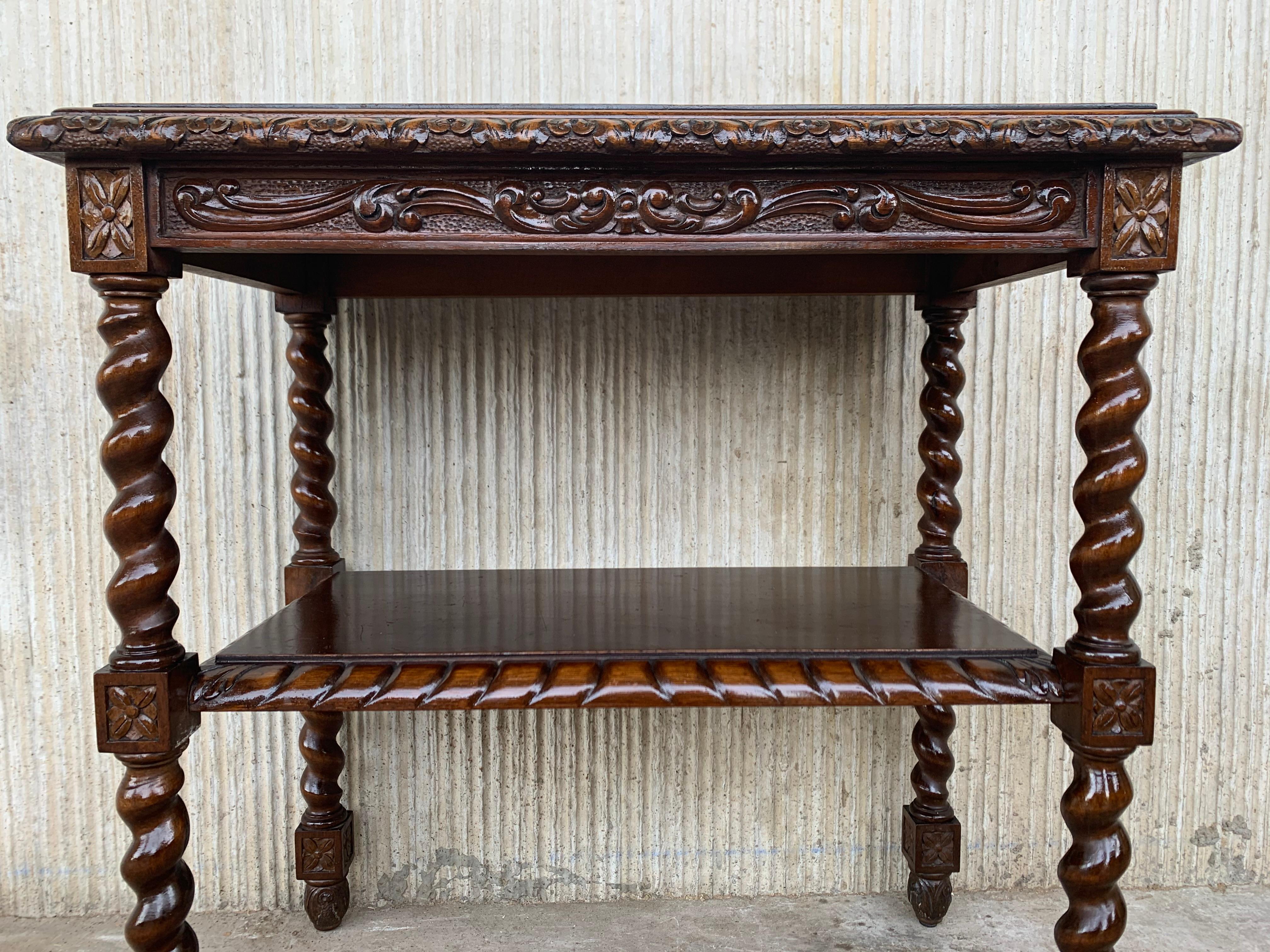 Spanish 1880s Walnut Carved Side Table with Low Shelve 1