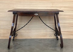 Spanish 1880s Walnut Side Table or Lady Desk, Lyre Legs and Iron Stretcher