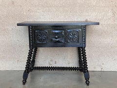 Spanish 1880s Walnut Side Table Single Drawer, Turned Base and Iron Stretcher