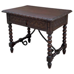 Spanish 1880s Walnut Side Table Single Drawer, Turned Base and Iron Stretcher