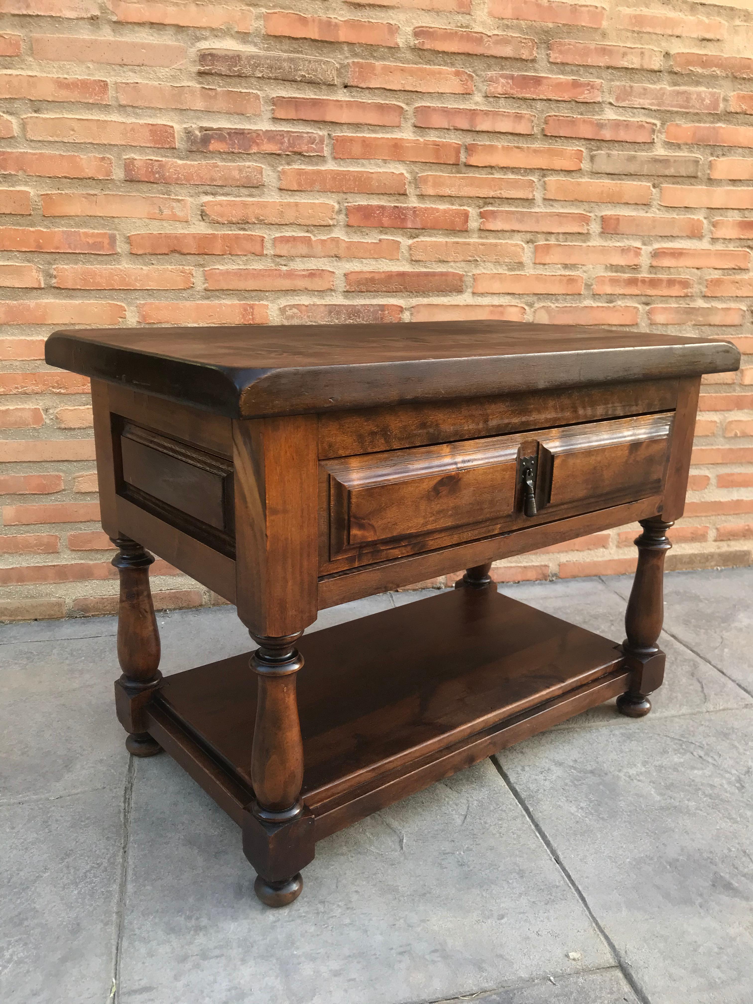 Baroque Spanish 1880s Walnut Side Table with Drawer and Iron Stretcher