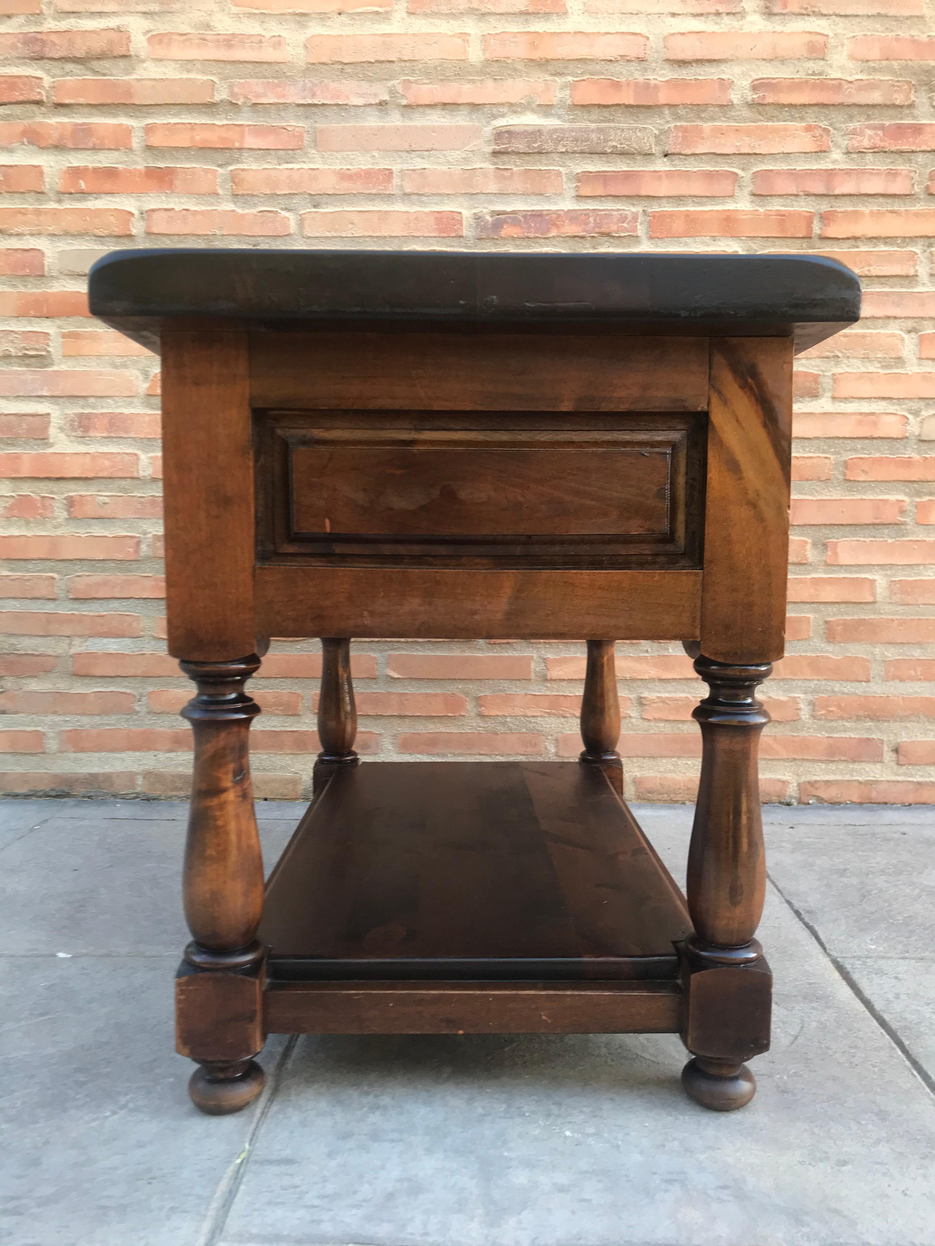 Spanish 1880s Walnut Side Table with Drawer and Iron Stretcher 1