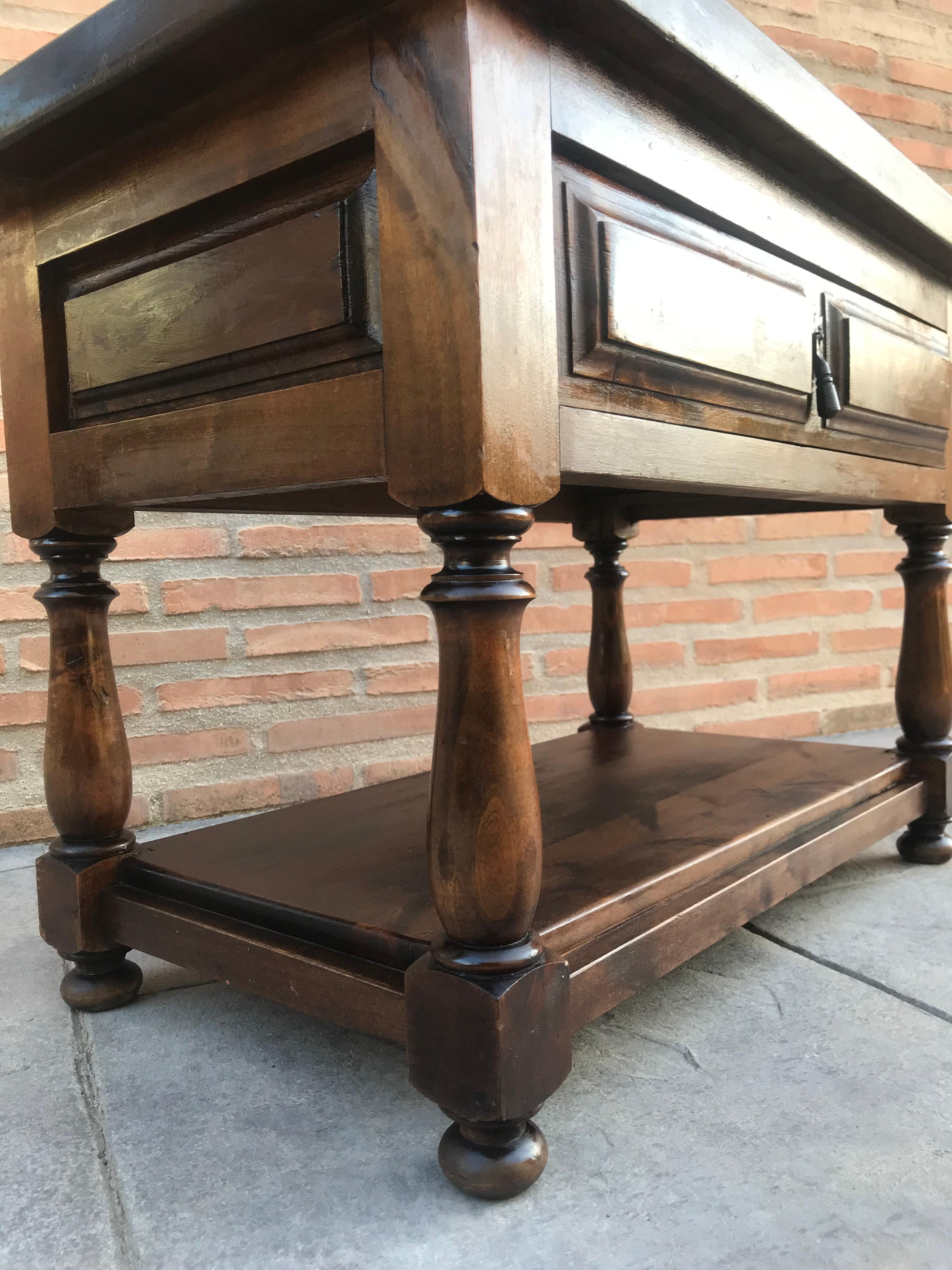 Spanish 1880s Walnut Side Table with Drawer and Iron Stretcher 2