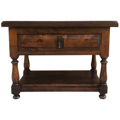 Spanish 1880s Walnut Side Table with Drawer and Iron Stretcher