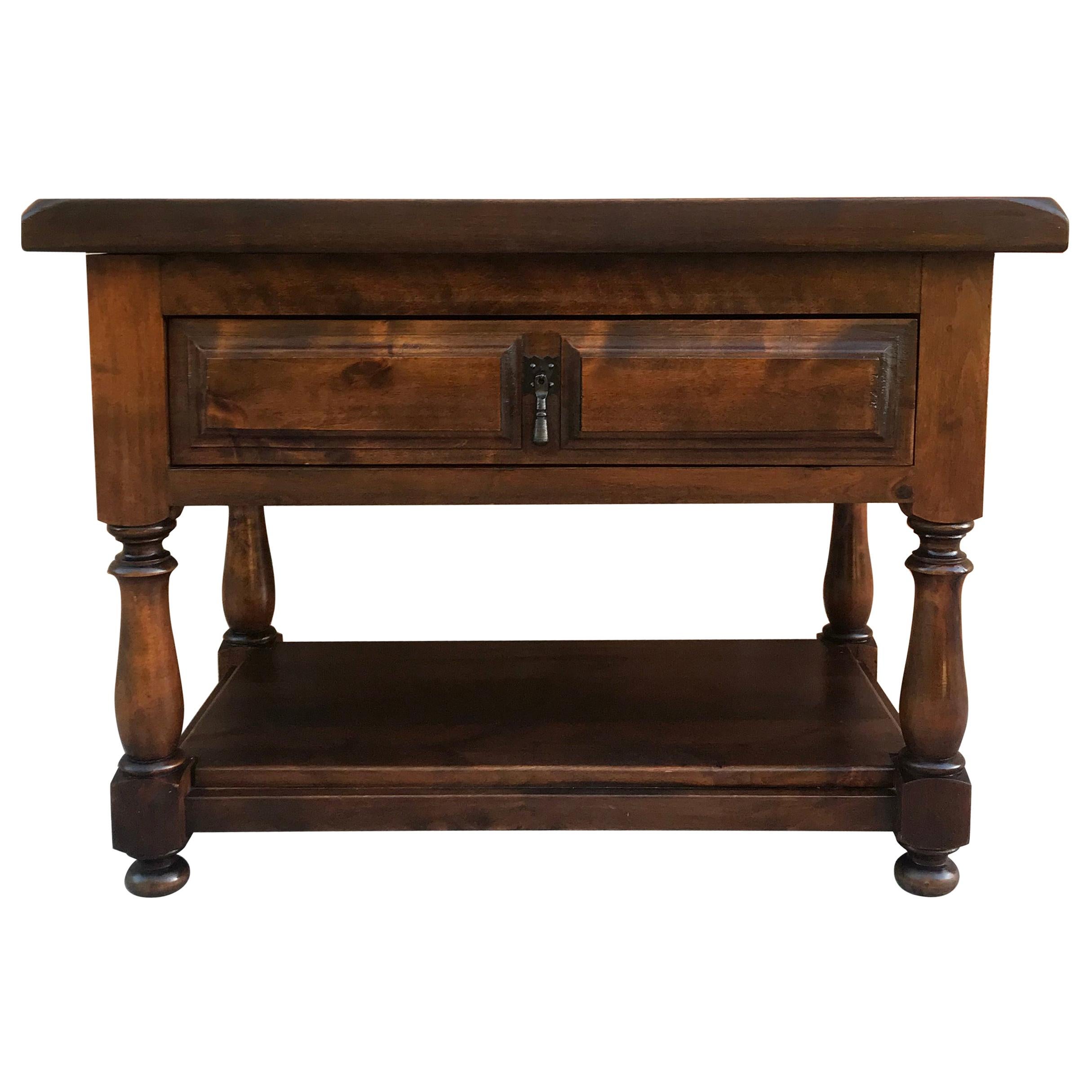 Spanish 1880s Walnut Side Table with Drawer and Iron Stretcher