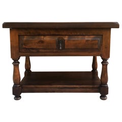 Spanish 1880s Walnut Side Table with Drawer and Iron Stretcher