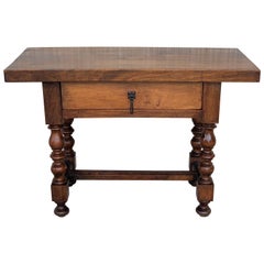 Spanish 1890s Walnut Side Table Single Drawer wit Turned Legs