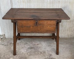 Spanish 1890s Walnut Work Side Trestle Table with Large Single Drawer