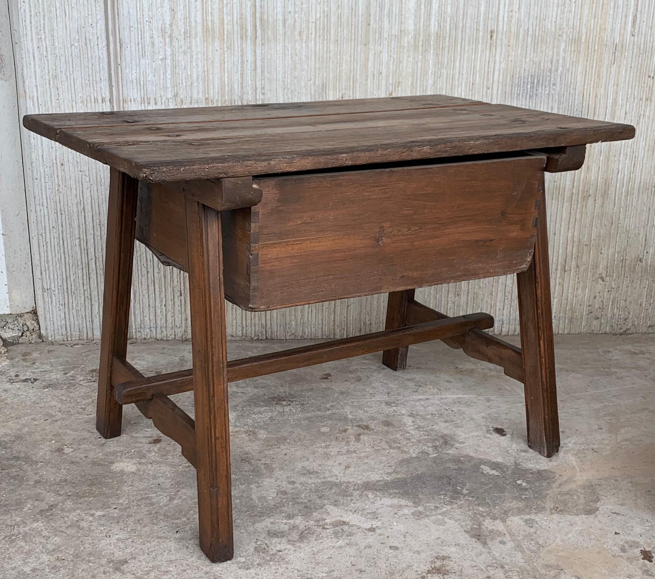 Baroque Spanish 1890s Walnut Work Side Trestle Table with Large Single Drawer