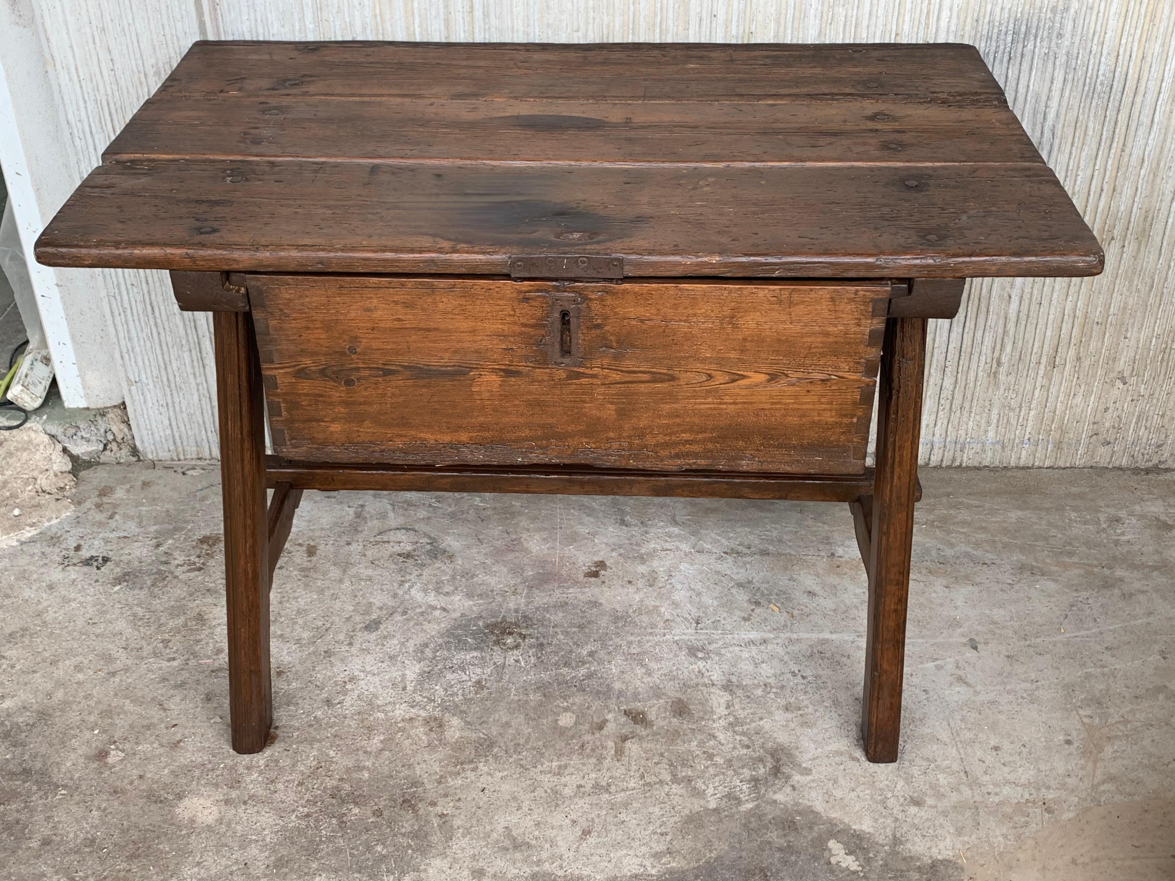 19th Century Spanish 1890s Walnut Work Side Trestle Table with Large Single Drawer