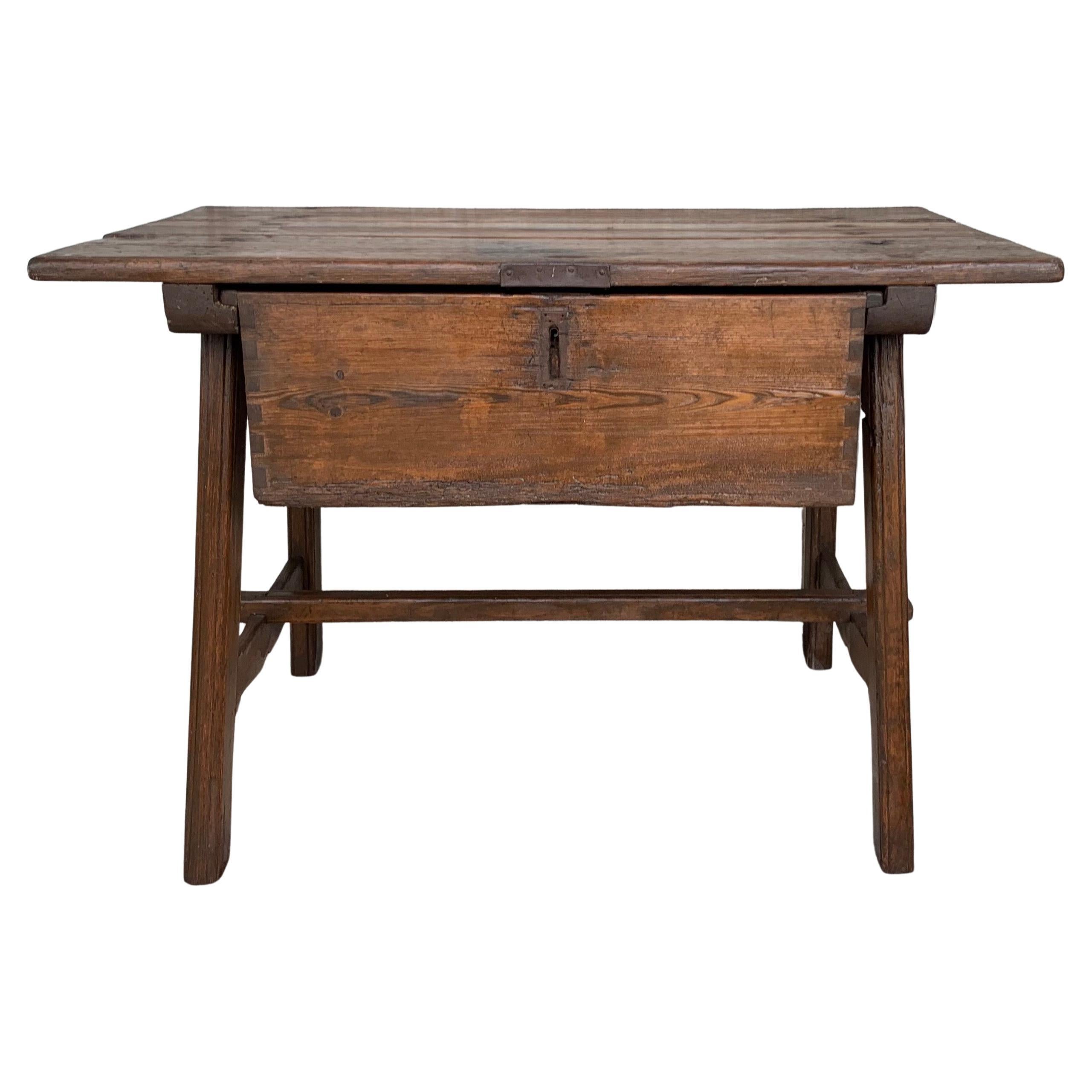 Spanish 1890s Walnut Work Side Trestle Table with Large Single Drawer