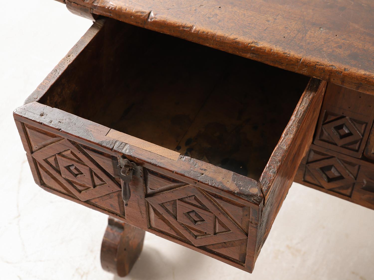 Spanish 18th Century Carved Walnut Table with Original Iron Pulls and Lyre Legs For Sale 14