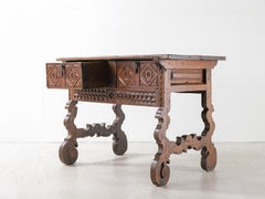 Spanish 18th Century Carved Walnut Table with Original Iron Pulls and Lyre Legs