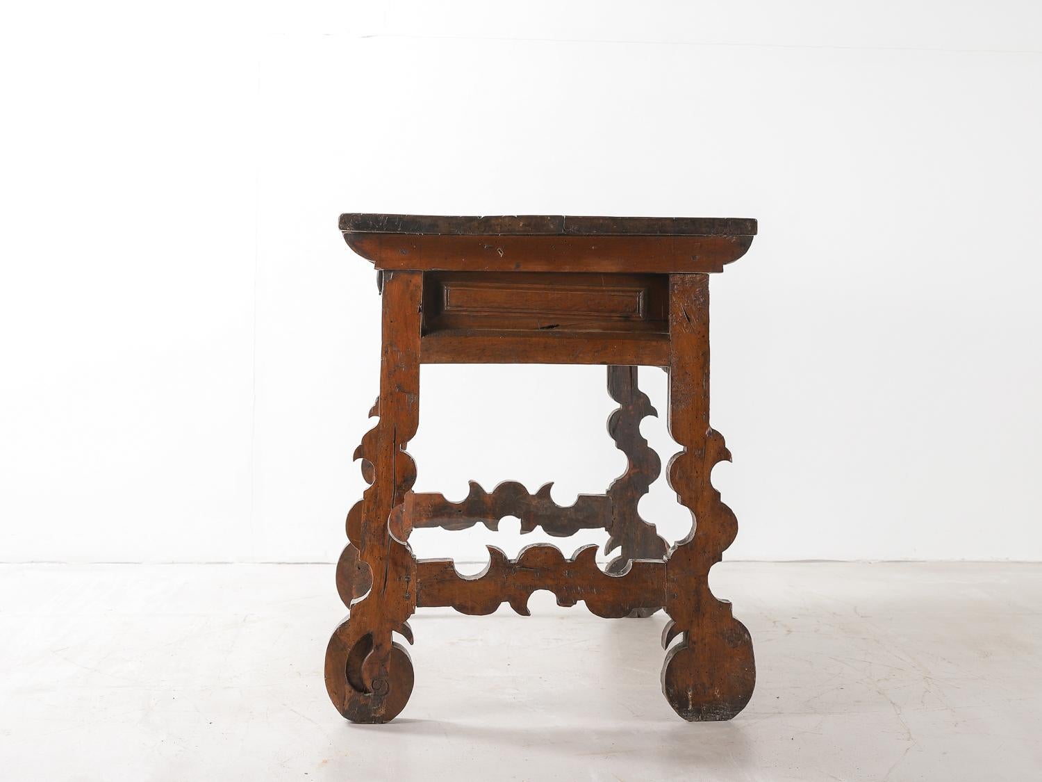 18th Century and Earlier Spanish 18th Century Carved Walnut Table with Original Iron Pulls and Lyre Legs For Sale