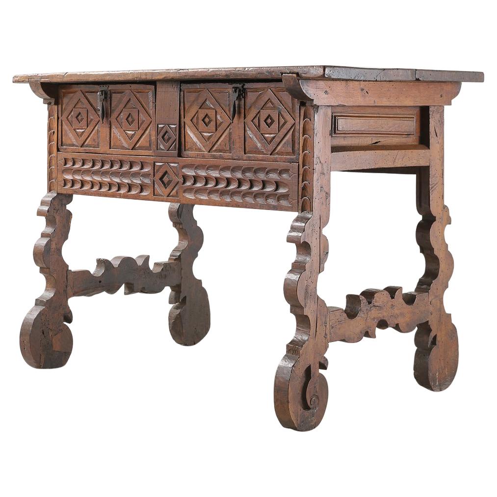 Spanish 18th Century Carved Walnut Table with Original Iron Pulls and Lyre Legs