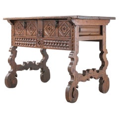 Antique Spanish 18th Century Carved Walnut Table with Original Iron Pulls and Lyre Legs