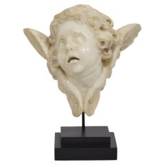Spanish 18th Century Carved White Marble Winged Angel Head Ornament