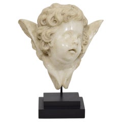 Spanish 18th Century Carved White Marble Winged Angel Head Ornament