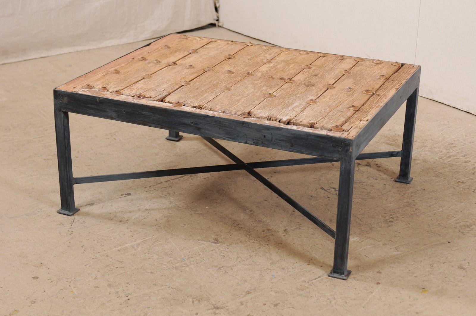 Unique Spanish 18th C. Carved Door Coffee Table on Custom Base In Good Condition For Sale In Atlanta, GA