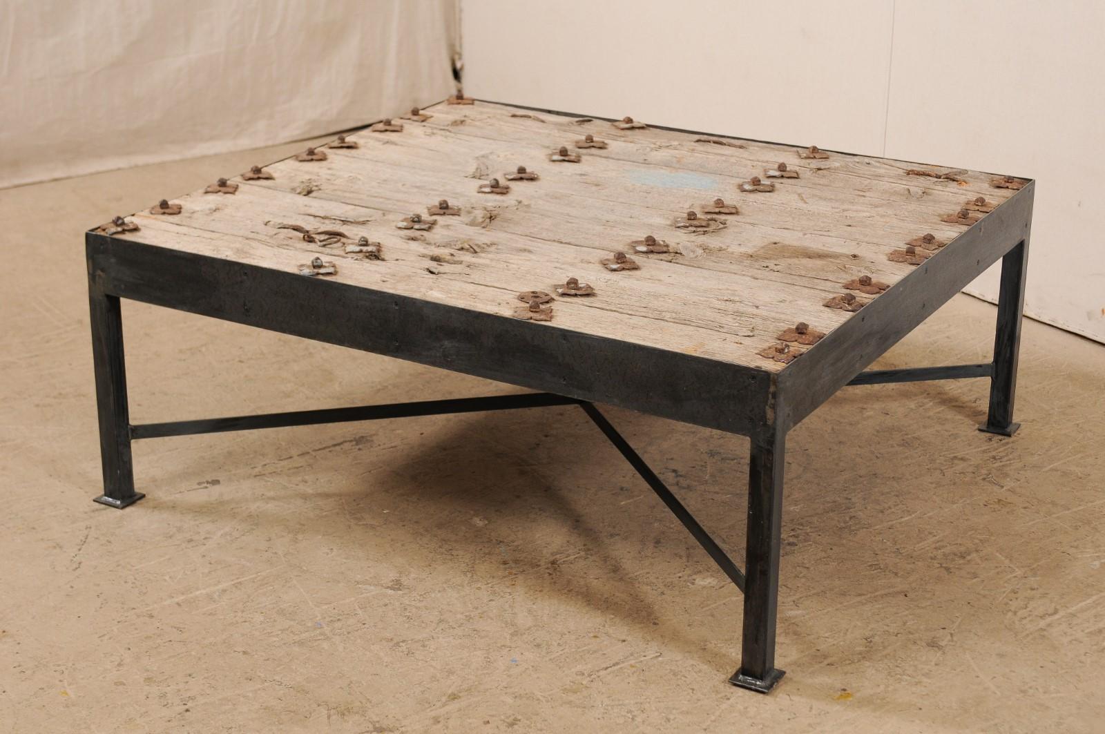 Carved Spanish 18th Century Door Top Coffee Table with Custom Iron Base