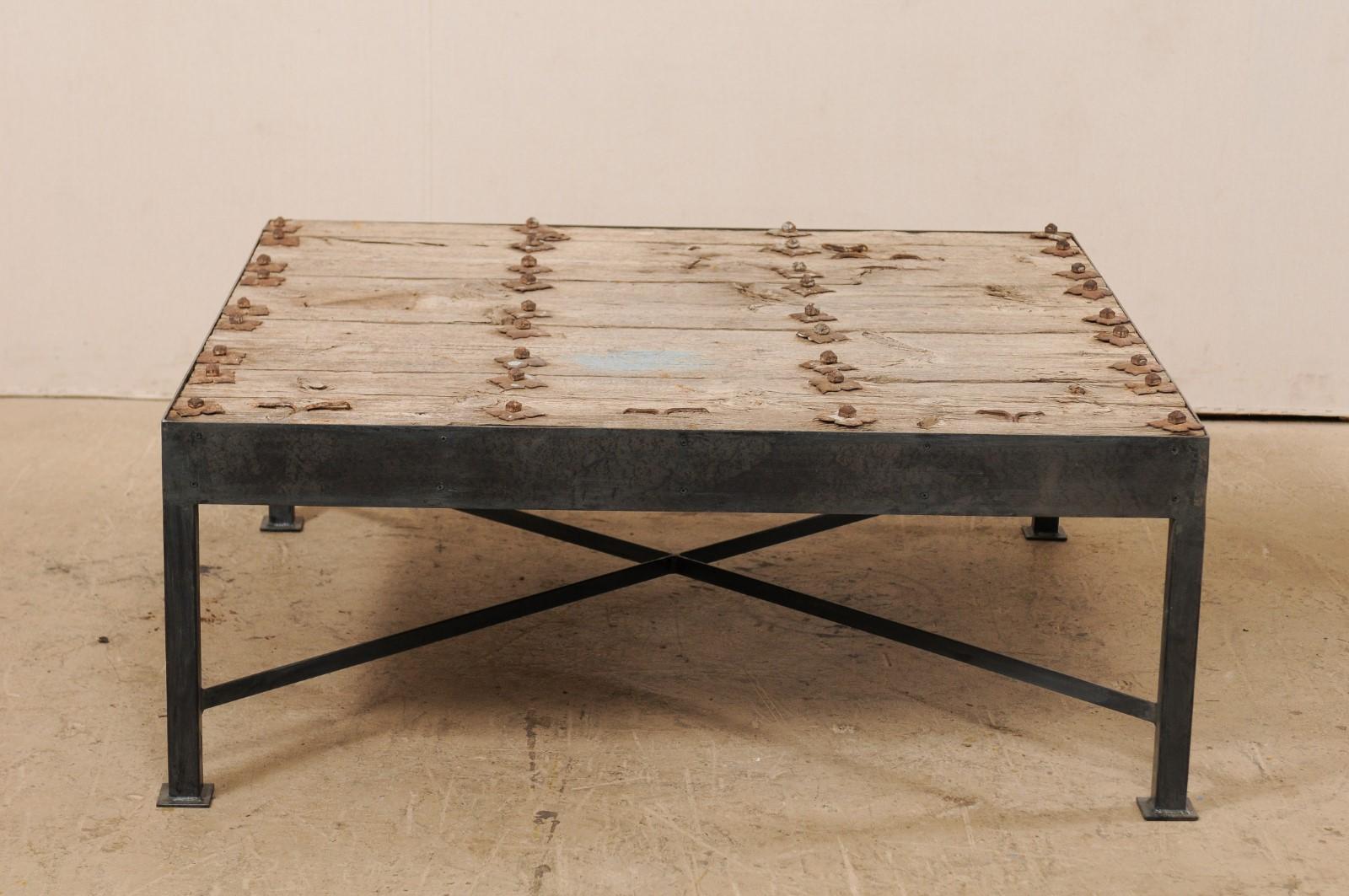 Spanish 18th Century Door Top Coffee Table with Custom Iron Base 2