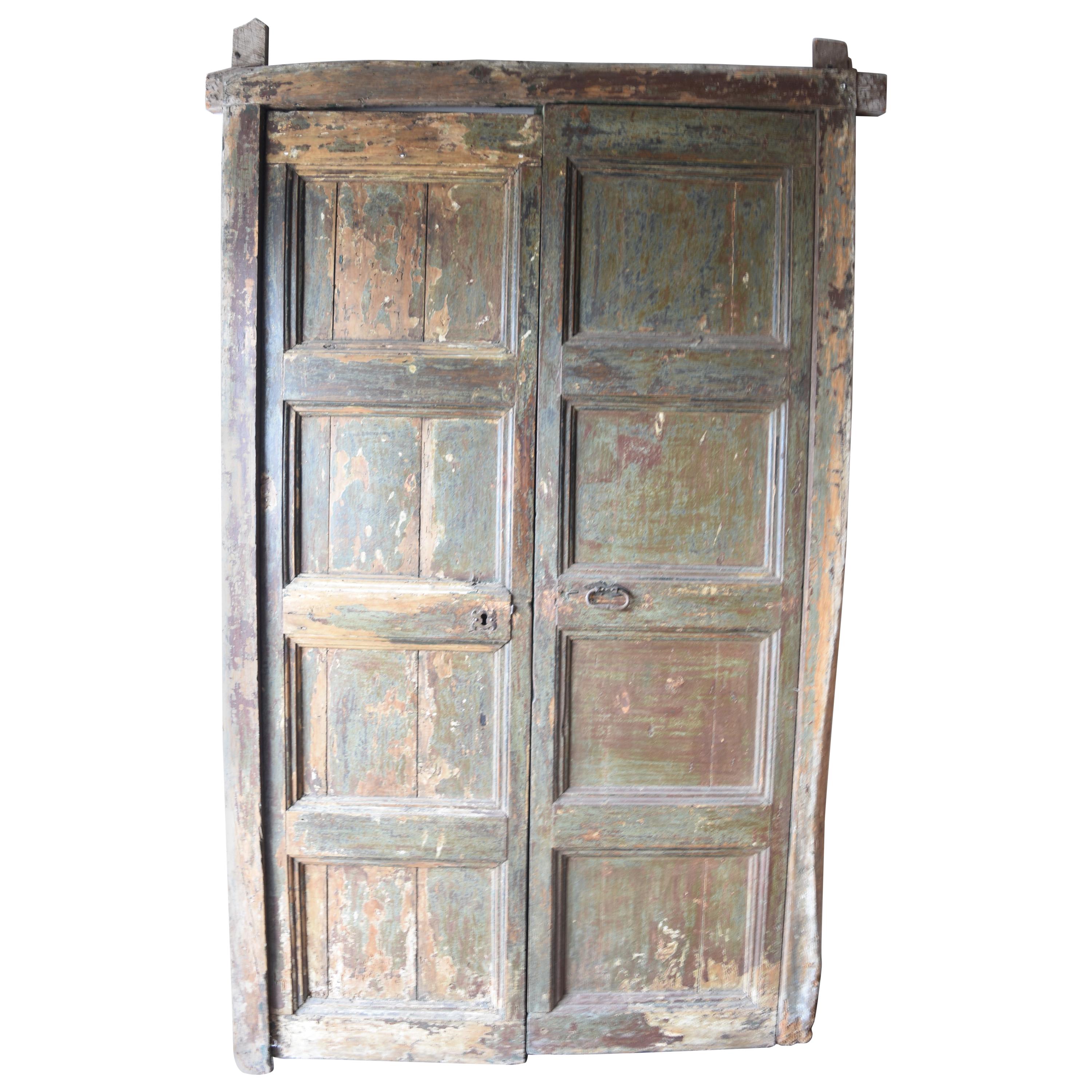 Spanish 18th Century Doors with Old Surround & Original Painted Blue/Green For Sale