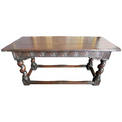Spanish 18th Century Hand Carved Oak Console Table with Turned Legs