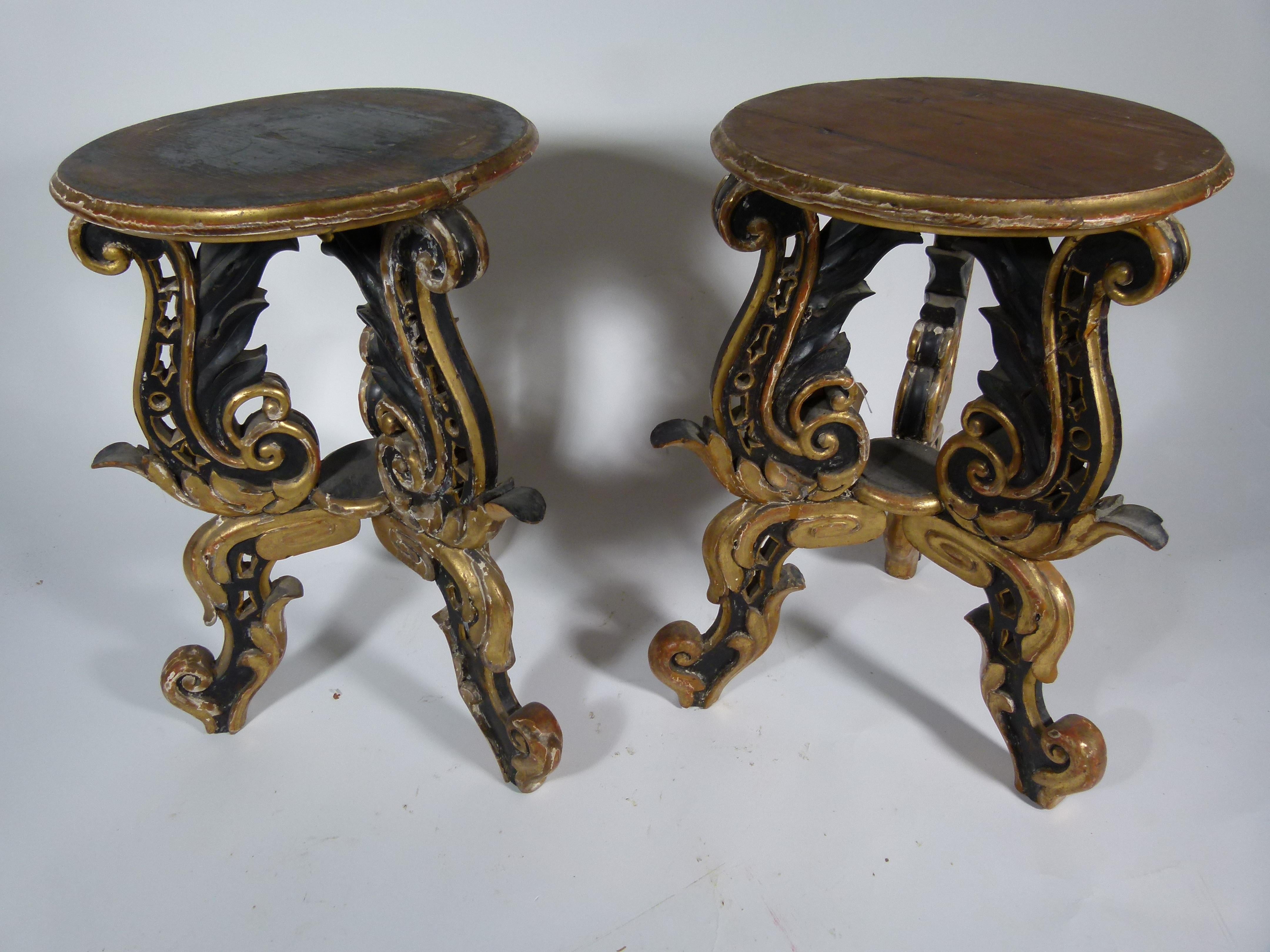 Spanish 18th century hand carved wooden and gold leaf decorations pair of side tables.