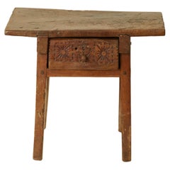Used Spanish 18th century kitchen work table with carved drawer in solid walnut