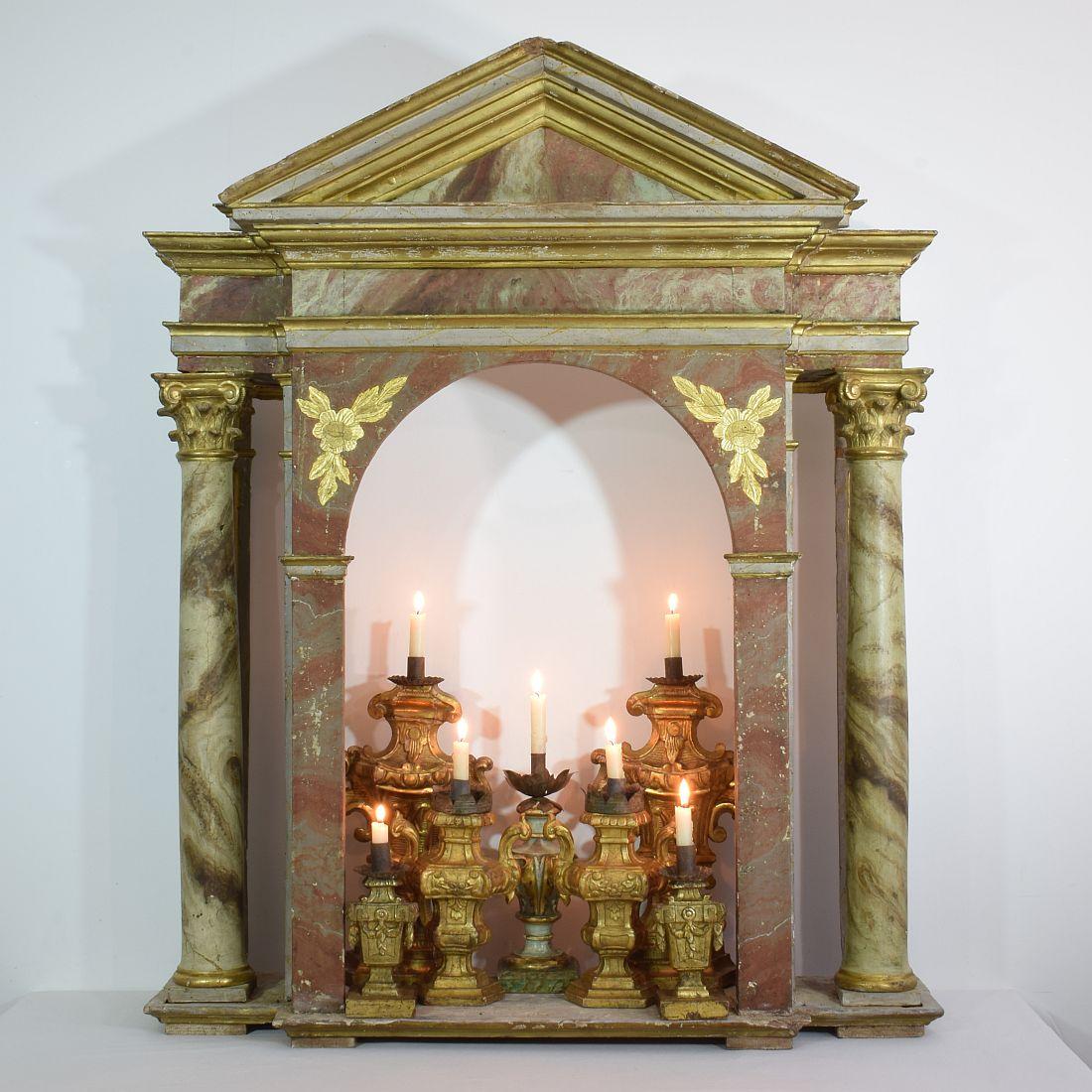 Beautiful neoclassical altar shrine with original patina and color. Great and unique item.
Spain, circa 1770-1800
Weathered, losses and old repairs.
More photo's available on request.