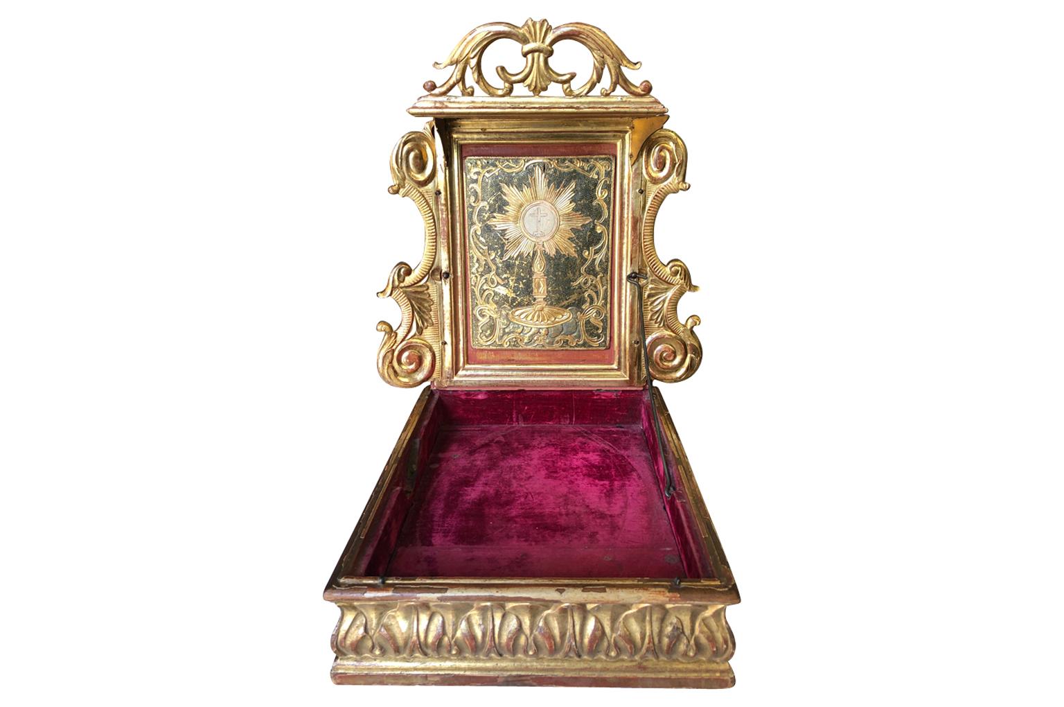 A stunning 18th century Oratorio - Traveling prayer table - in stunning giltwood from the Barcelona area. Beautifully crafted with wonderful carving detail. The oratorio is constructed to fold together so that it is portable.