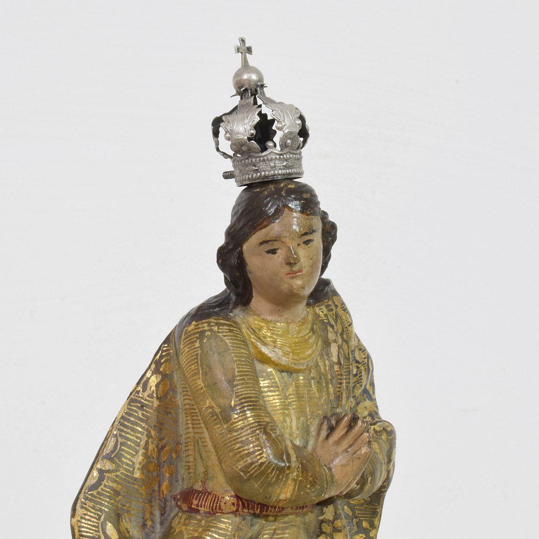 Spanish 18th Century Painted/ Gilded Wooden Madonna / Santos With Crown 3