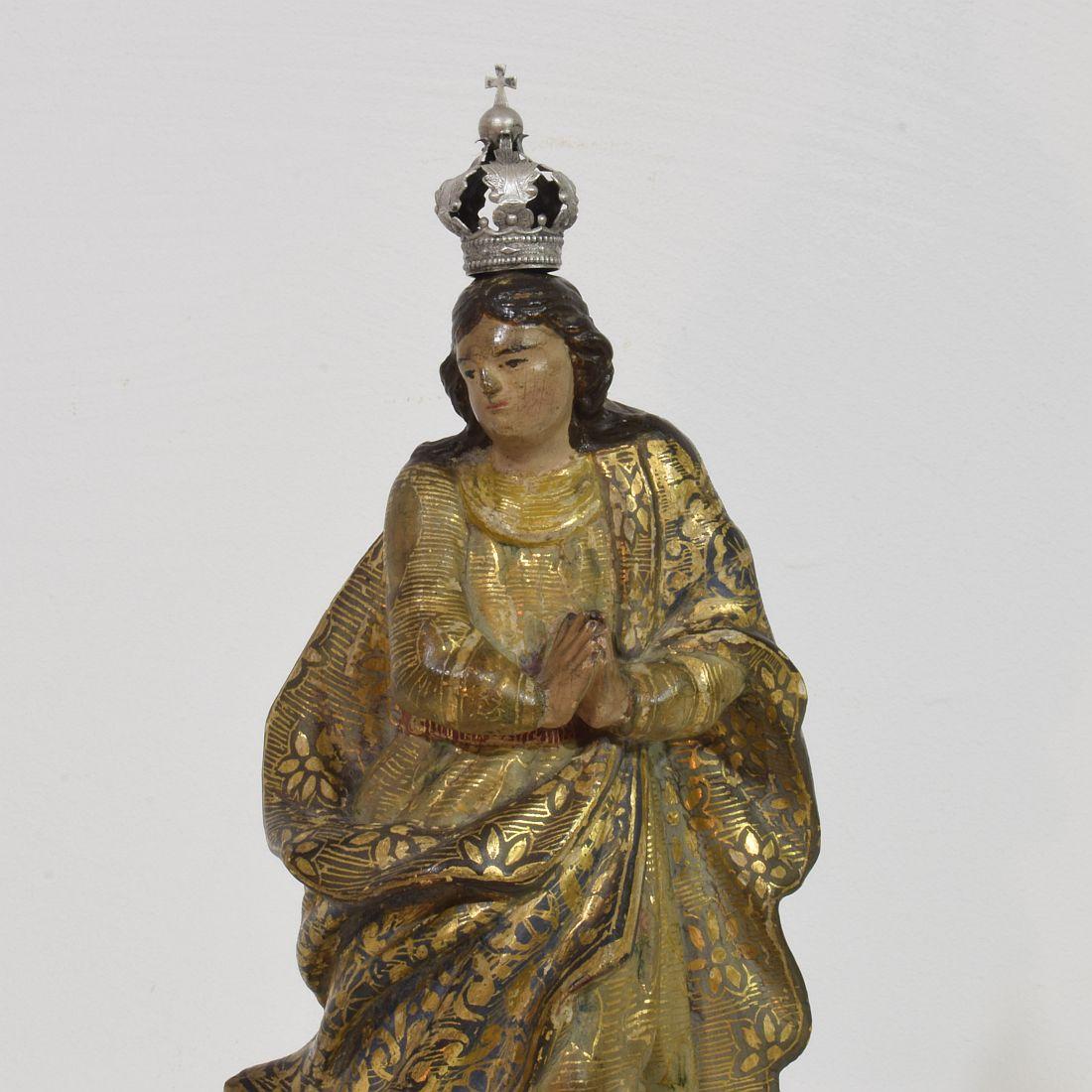 Metal Spanish 18th Century Painted/ Gilded Wooden Madonna / Santos With Crown