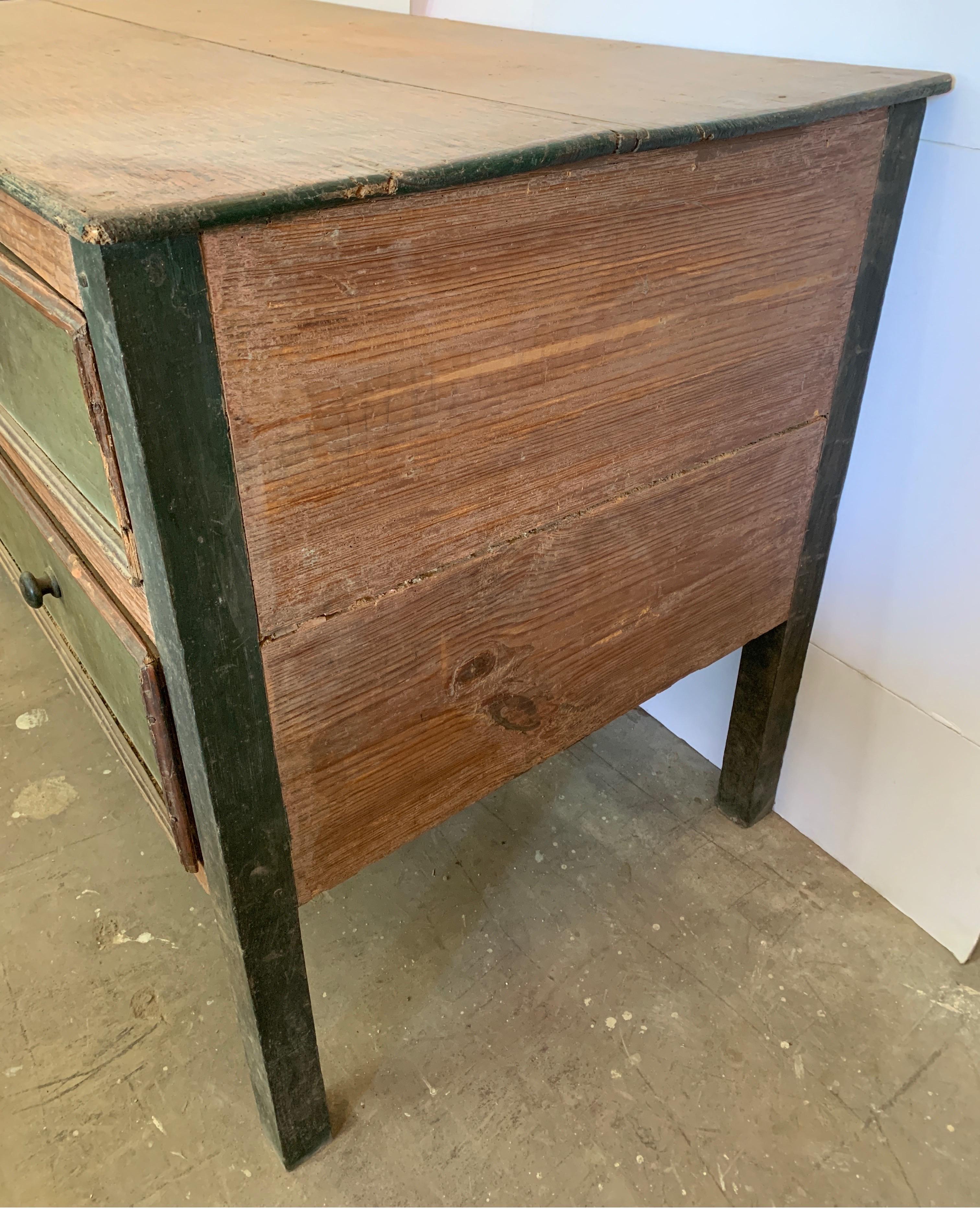 These sacristy chest were used to store robes and vestments from the Catholic Churches throughout Europe. This one has the original paint intact. The drawers are deep at 23.5 W x 27 D for lots of storage.
