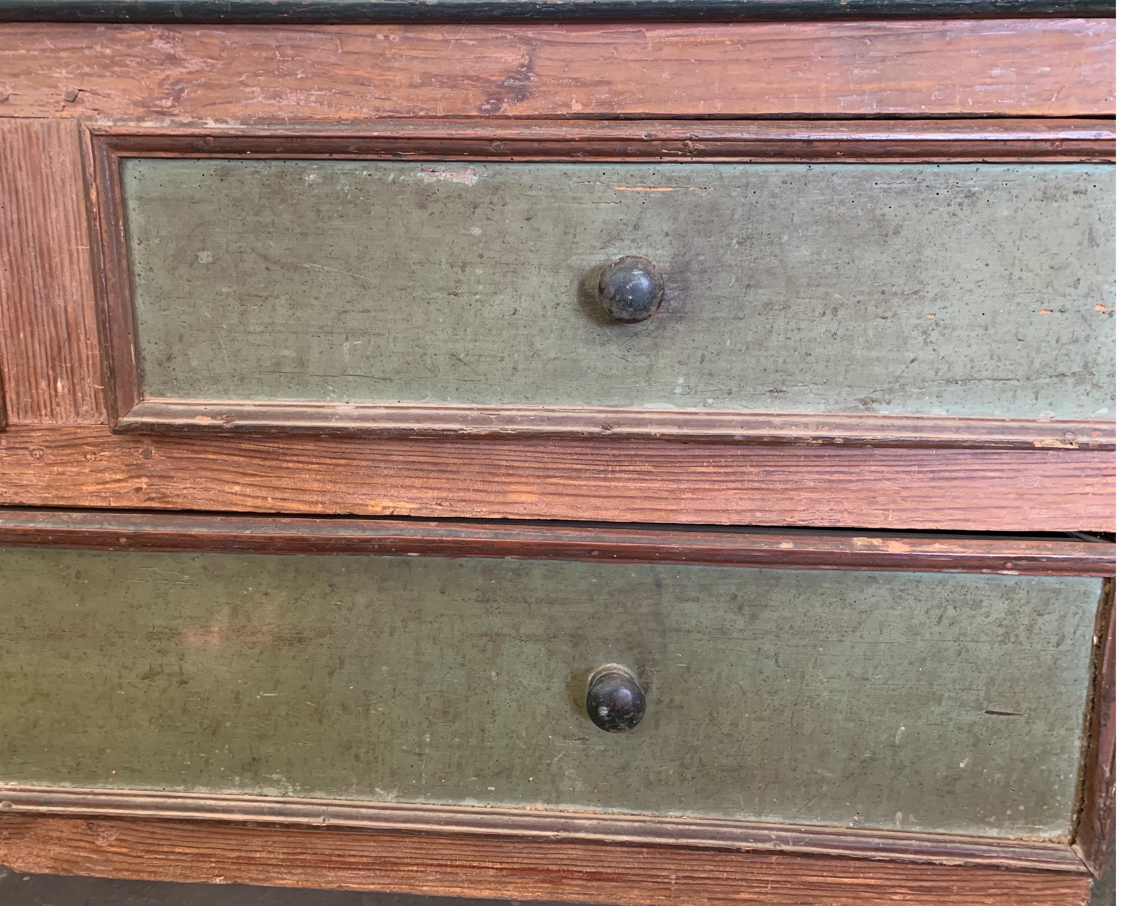 18th Century and Earlier Spanish 18th Century Painted Sacristy Chest with Deep Drawers