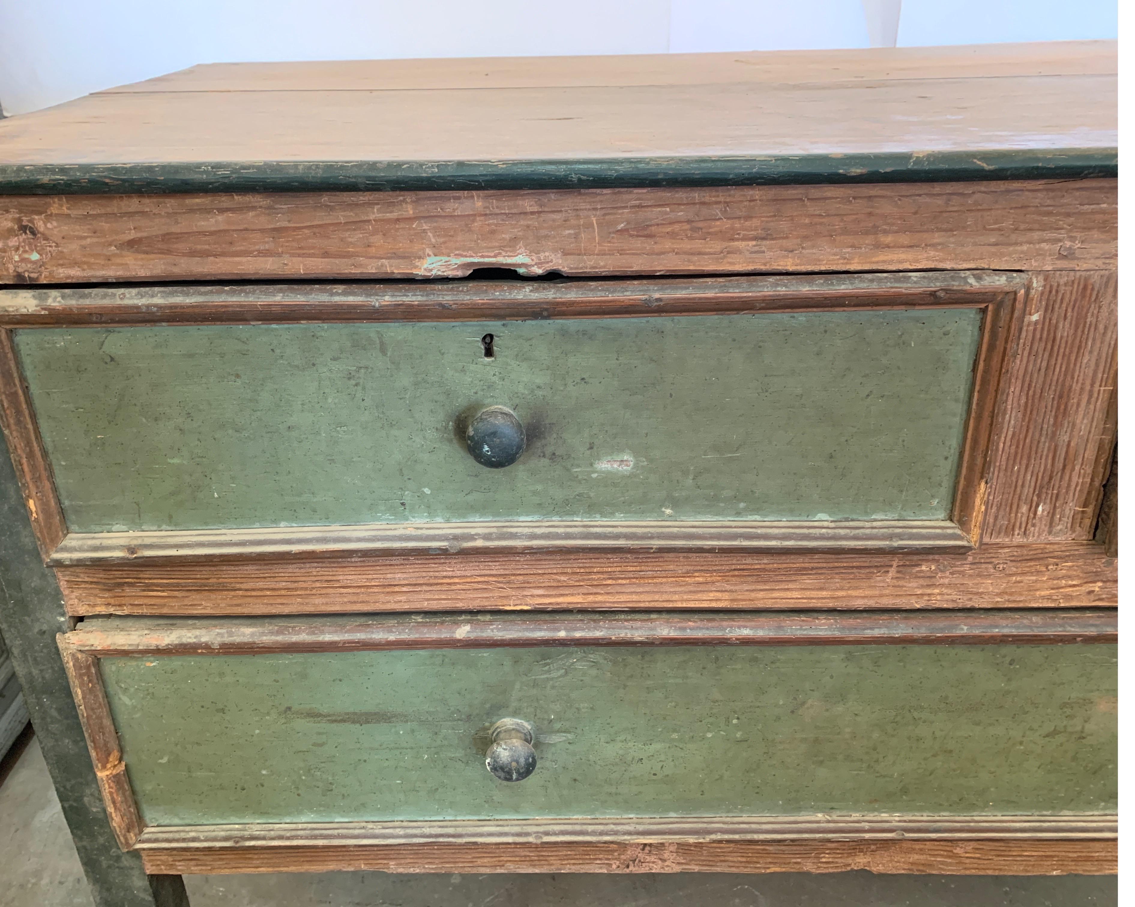 Wood Spanish 18th Century Painted Sacristy Chest with Deep Drawers