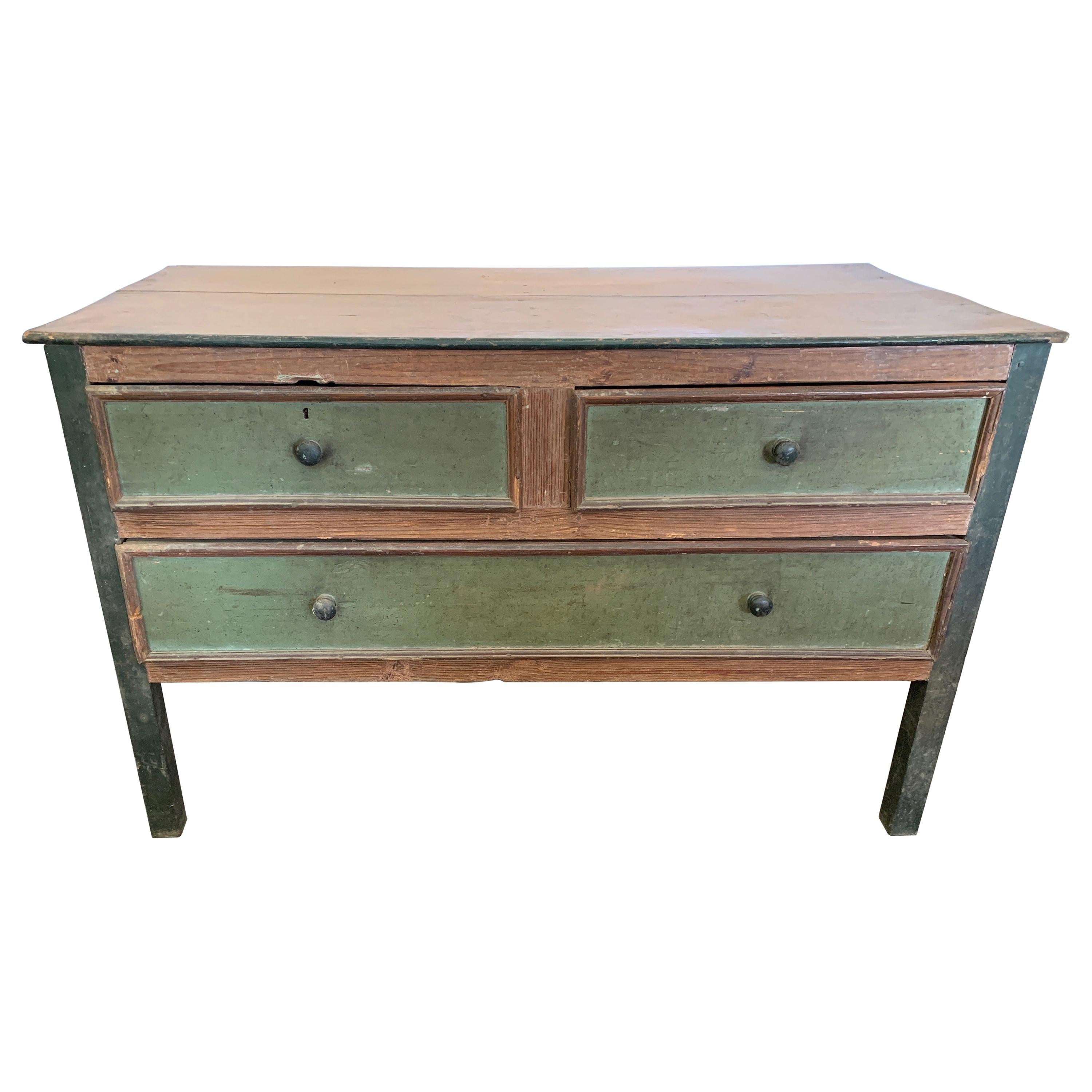 Spanish 18th Century Painted Sacristy Chest with Deep Drawers