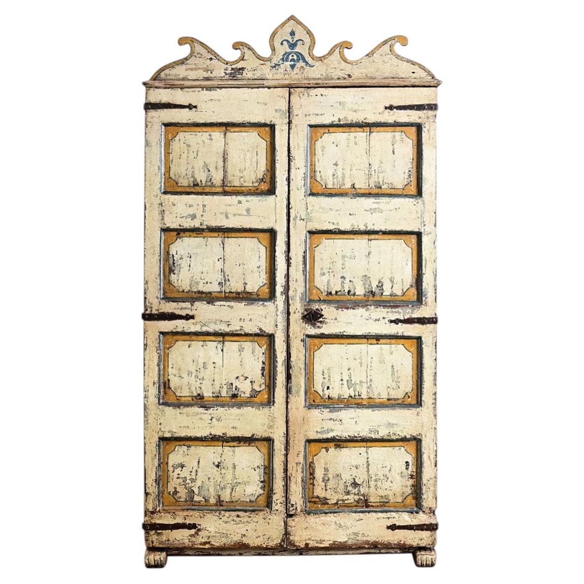 Spanish 18th Century Hand-Painted Wardrobe, Folk Art Style, Pine, Iron For Sale