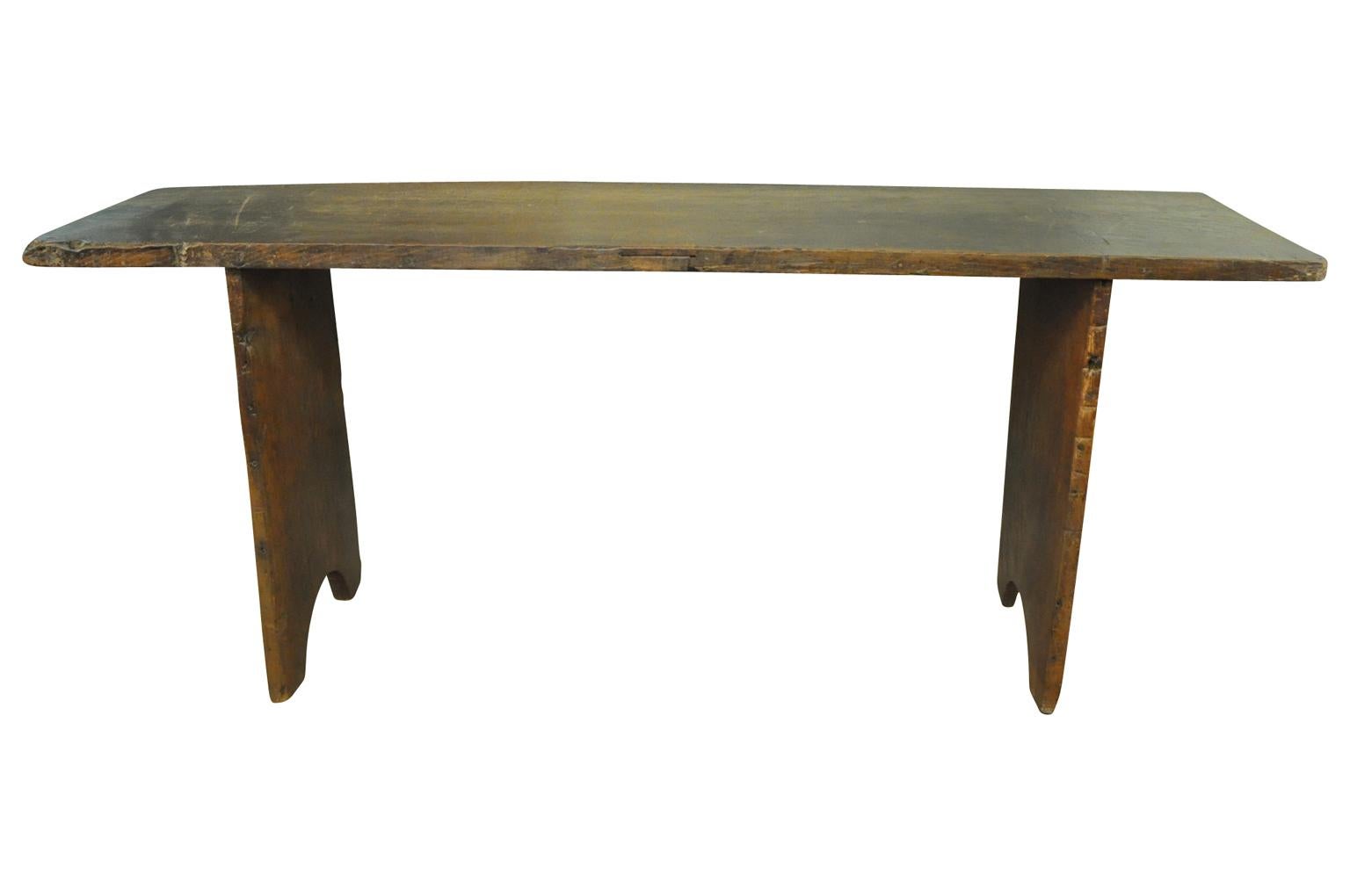 A very handsome and Primitive console table from Northern Spain. Beautifully and soundly constructed from solid boards of chestnut. Sensational patina. Rustically elegant.