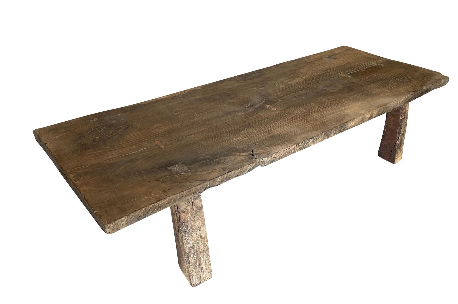 A terrific Primitive table basse - coffee table from the Catalan region of France. Soundly constructed from chestnut with as solid board top and iron strapping.