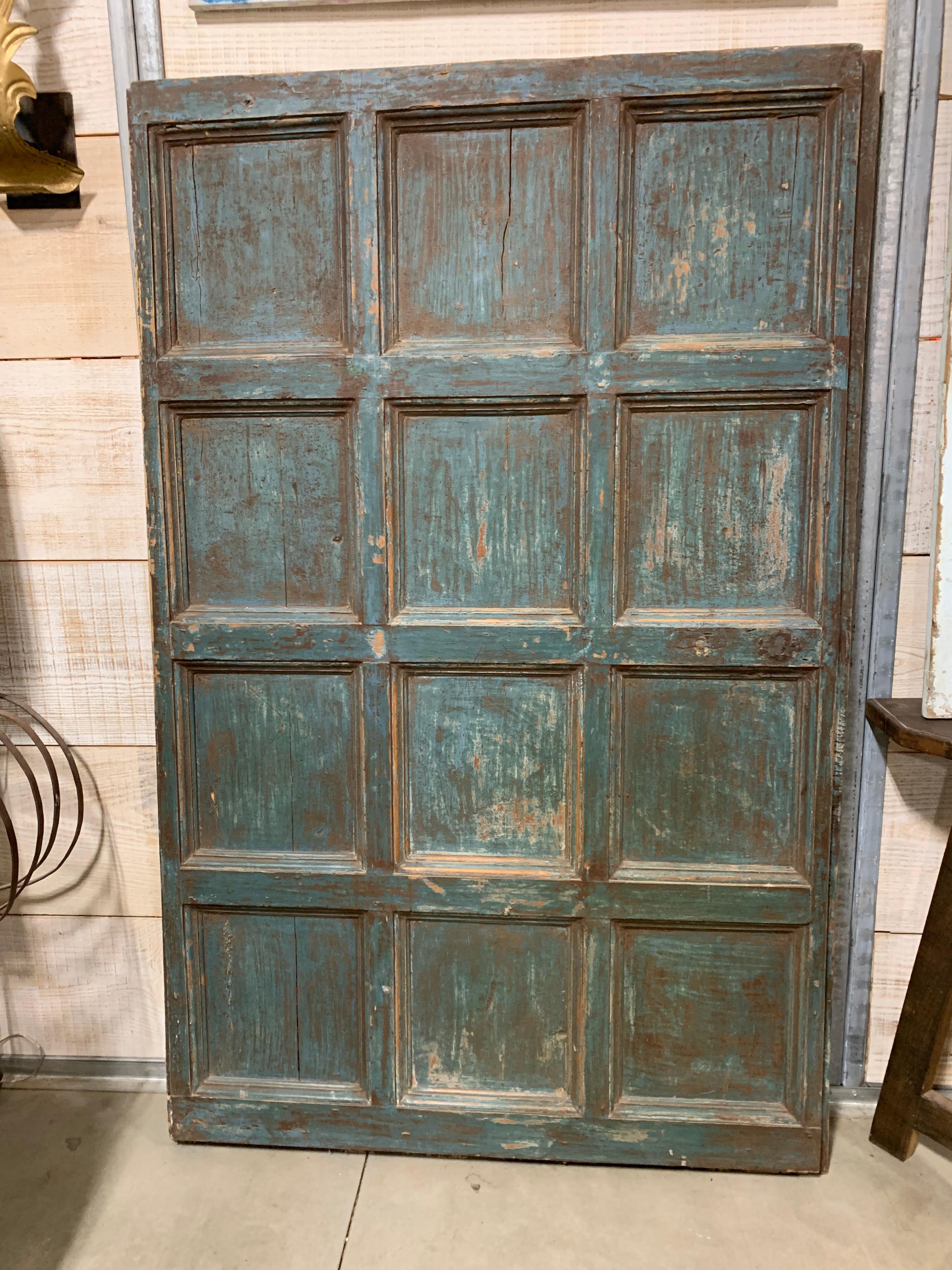 Spanish 18th Century Twelve Panel Door With Original Paint . In Distressed Condition For Sale In Houston, TX