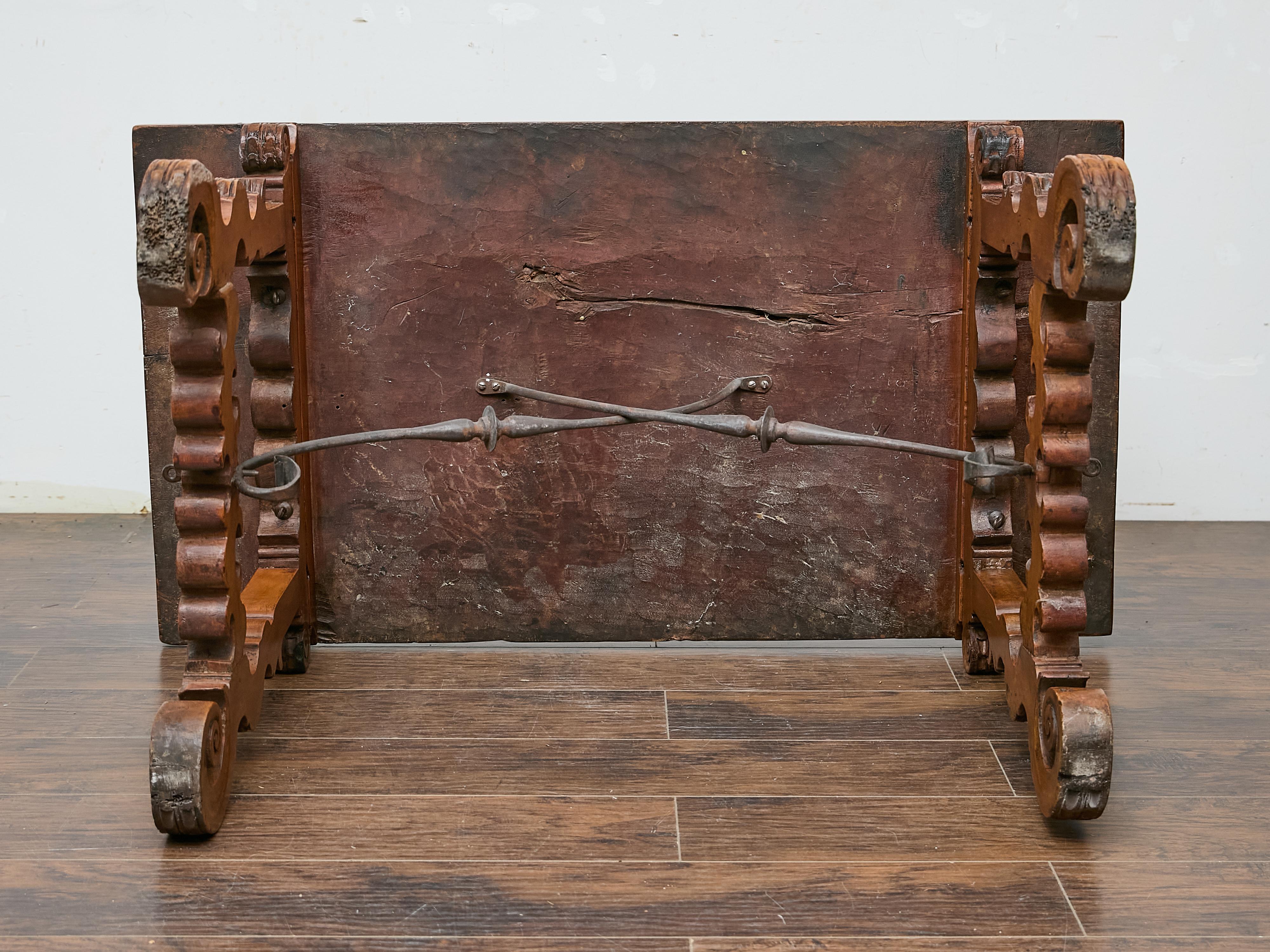 Spanish 18th Century Walnut Fratino Table with Carved Legs and Iron Stretcher For Sale 6