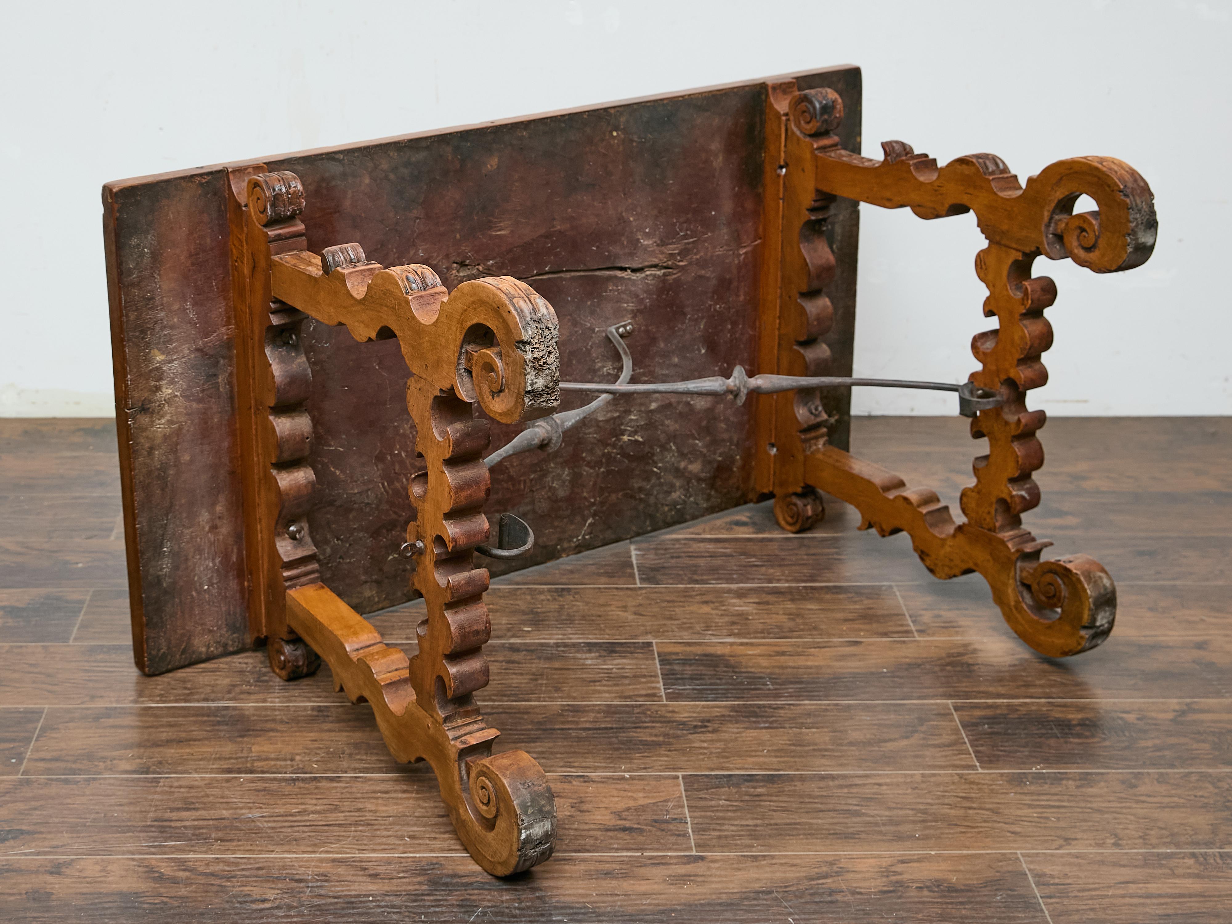 Spanish 18th Century Walnut Fratino Table with Carved Legs and Iron Stretcher For Sale 9