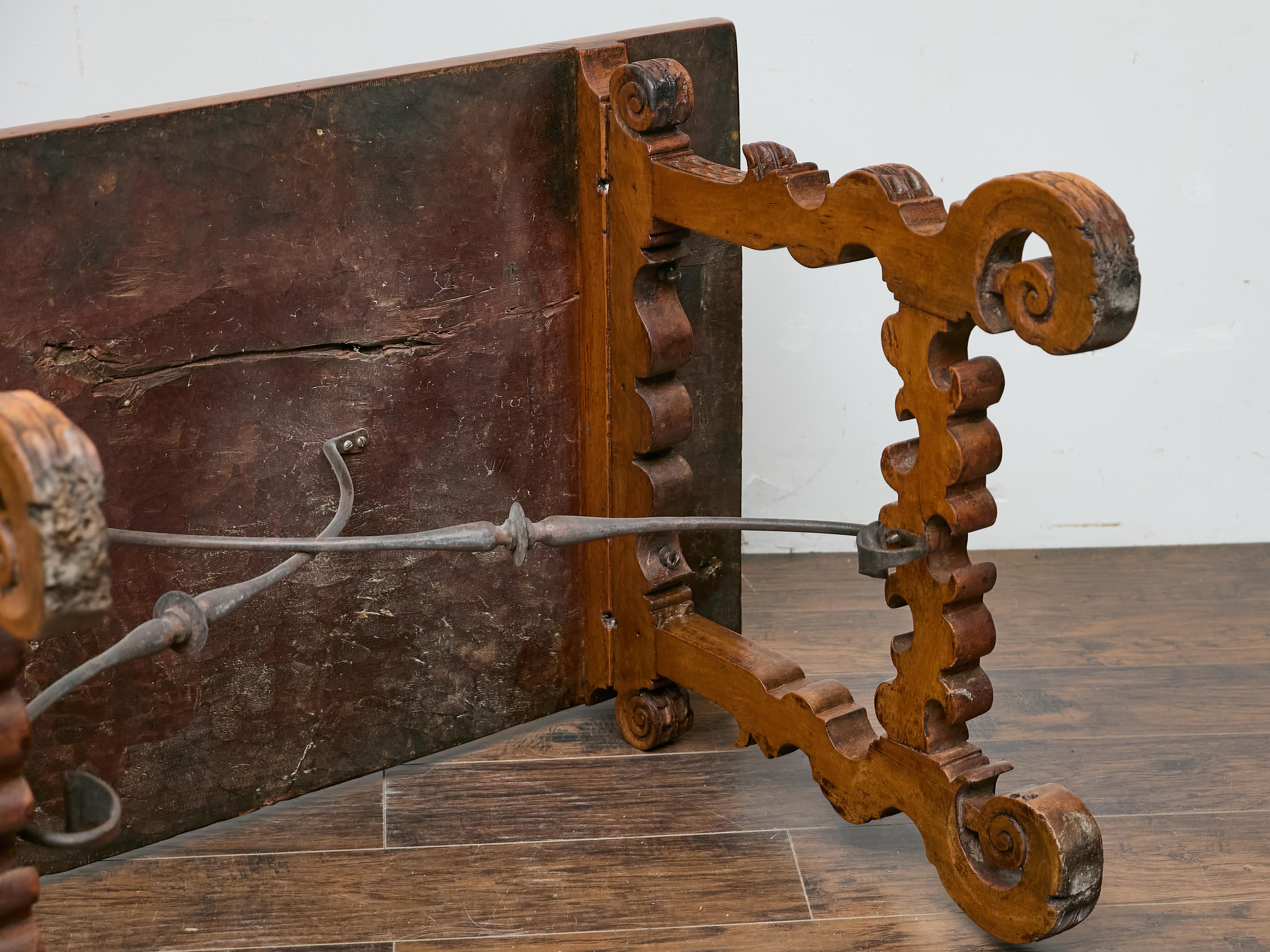 Spanish 18th Century Walnut Fratino Table with Carved Legs and Iron Stretcher For Sale 10